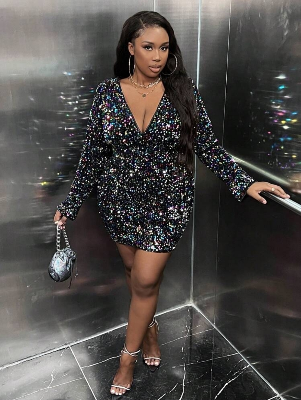 Plus Size 4xl/20 Black Sequin V-Neck Long Sleeve Mini Dress